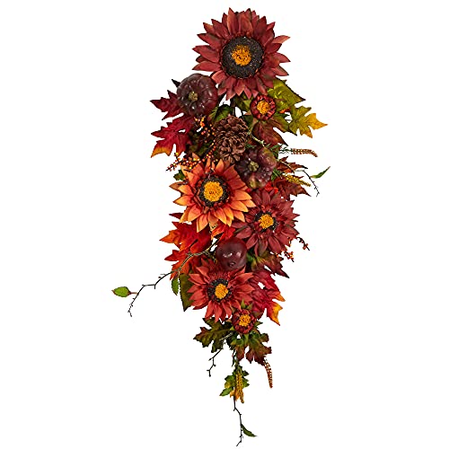 Nearly Natural 35in. Autumn Sunflower, Pumpkin and Berries Artificial Teardrop by Nearly Natural - Used condition - US$25.32