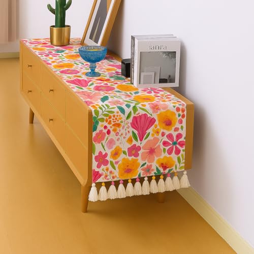 WWW.THROWPILLOW.IN Floral Print Small Tassels TV Unit Runner 14x90 Inches | Fits Perfectly on 6.5 Feet Center Table, Dresser, Book Desk, Television Unit, Entrance Cabinet, TV Cabinet