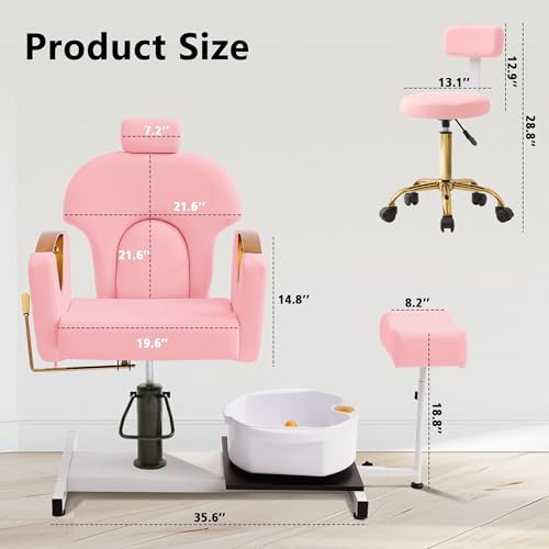 KIGOTY Pedicure Chair No Plumbing with Massage Foot Spa & Stool, Adjustable Hydraulic Lift Reclining Pedicure Station, 360° Swivel Nail Tech Pedicure Chair for Salon Spa Home, Pink-Gold