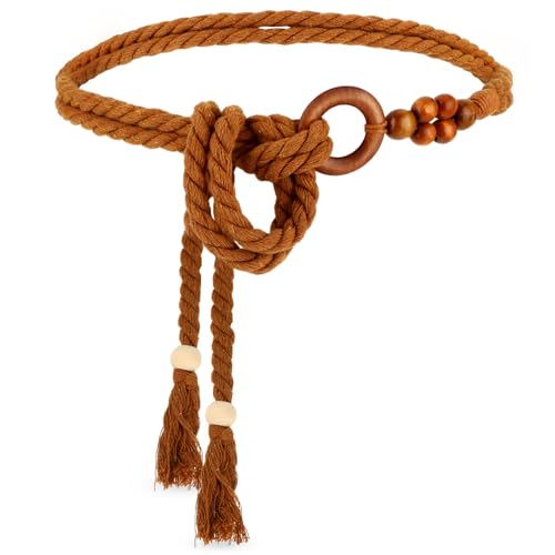 Women's Tassel Braided Waist Belt, Skinny Woven Belt for Dress Waist Belt Rope Chain with Woven Wooden Beads
