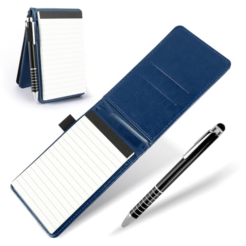SUNCN 小型レザーメモ帳ホルダー ペン付き ポケットノートブックホルダー ミニメモ帳 ブック 多機能ポータブル交換用ノート メタルペン付き オフィス 学校 レストラン用 (ブルー)