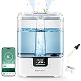 MERONTE Smart Humidifiers for Bedroom Home, 6L Cool Mist Top Fill Humidifier Large Room, Timer, Auto Shut-Off, Smartphone Control, NightLight, Humidifiers for Nursery, Baby, Plant, White 1Pack