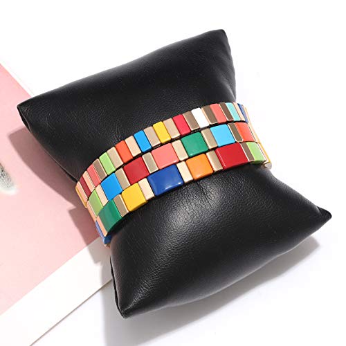 Anglesjell Enamel Tile Bracelets Rainbow Tile Bead Bracelets Elastic Colorful Rectangle Beaded Stretch Bracelets For Women Stackable Colorblock Layered Bangle Bracelets For Men Girls (Style B1) #TOP5