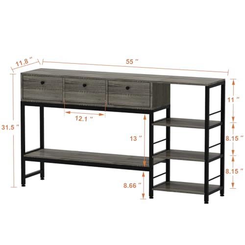 Rustic Gray Oak Narrow Console Table with Drawers & Shelves