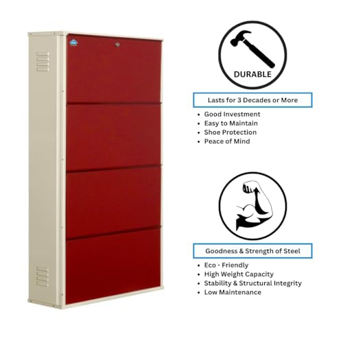 Image of DELITE KOM 29 inch Wide, 8 Shelf Metal Shoe Rack Wall Mounted for Home with Central Lock Holds Upto 28 Shoes or 48 Slippers Pair | Double Decker, 1Yr Warranty, (54x29x8, Ivory Brick Red),DIY, Space Saver