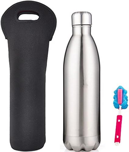 HH HOFNEN 17 oz/25 oz/34 oz Double Walled Stainless Steel Water Bottle Sports Insulated Water Thermos with Free Neoprene Bottle Bag and Sponge Brush (Silver,750ml)