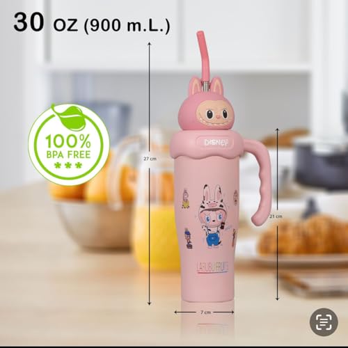 Image of Fancy Kitchen Cartoon Kids Tumbler - 850ml Stainless Steel Double-Walled Travel Mug - Leak-Proof, BPA-Free with Straw - Perfect for School & Outdoor Use. (Cute Pink Doll)