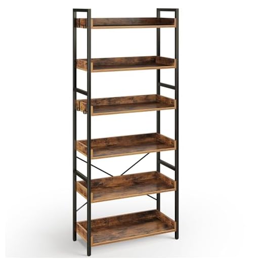 Rolanstar Bookshelf 6 Tier with 4 Hooks, Industrial Wood Bookcase, Vintage Storage Rack with Open Shelves, Rustic Standing Bookshelves Metal Frame Display Rack for Living Room, Bedroom, Rustic Brown