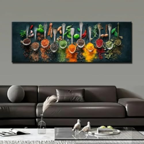 Art mural de luxe herbes et épices grand tableau cuisine 65x195 cm