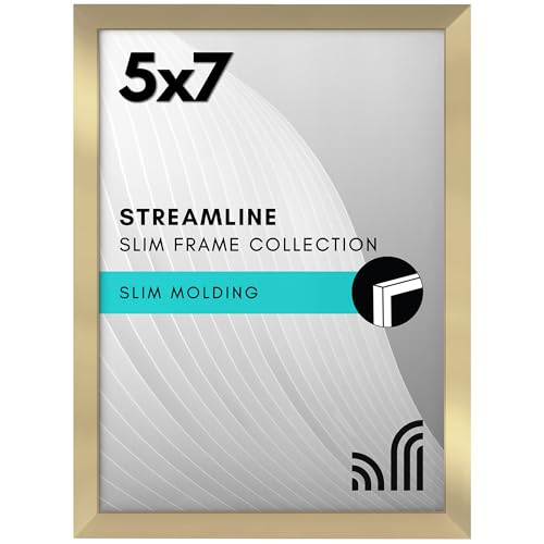 Image of Americanflat 5x7 Picture Frame with Shatter-Resistant Glass - Streamline Collection - Thin Border Photo Frame for Tabletop and Wall Display - Hanging Hardware and Easel Stand Included - Gold