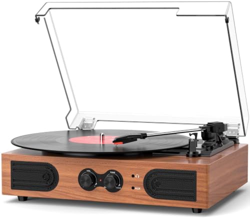 Image of Vinyl Record Player with Speakers,Bass Control, 3 Speed Bluetooth Turntable