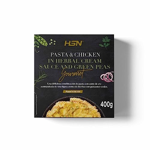 Plato Preparado Gourmet Pasta con Pollo en Salsa de Crema de Hierbas y Guisantes Verdes de HSN | 400 gramos | Listo para Calentar y Tomar | Alto en Proteínas, Bajo en calorías | Comida Sana y Rica