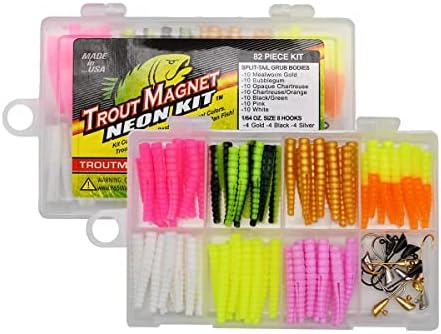 Trout Magnet 82 Piece Neon Fishing Kit, Catches All Types of Fish, Includes 70 Grub Bodies And 12 Size 8 Hooks