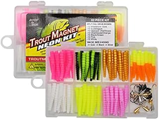 Trout Magnet 82 Piece Neon Fishing Kit, Catches All Types of Fish, Includes 70 Grub Bodies And 12 Size 8 Hooks