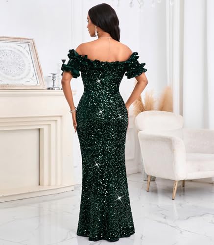 Image of dasmzper Women Sexy Sequin Off Shoulder Ruffle Short Sleeve Bodycon Mermaid Party Formal Evening Maxi Dress