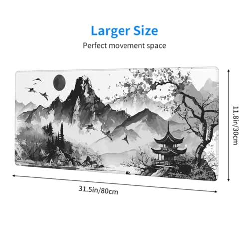 Image of Black White Japanese Watercolor Cherry Blossom Gaming Mouse Pad 31.5x11.8 XL Extended Mousepad Large Keyboard Mouse Mat Desk Pad with Non-Slip Rubber Base Stitched Edges for Home Office Game