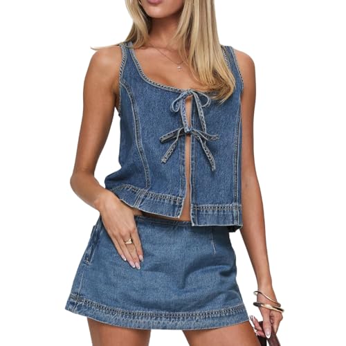 Molilove Women's 2 Piece Denim Outfits Tie Up Sleeveless Top Shorts Set Tracksuit Y2k Two Piece Jeans Set Vacation Outfits