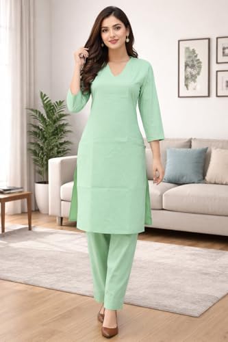 Image of JAIPUR HAND BLOCK Women's Cotton plain Straight Salwar Suit | V-Neck | 3 /4th Sleeve | Regular Fit | Daily, Office & Ethnic Wear(ST00125-V-NEW)
