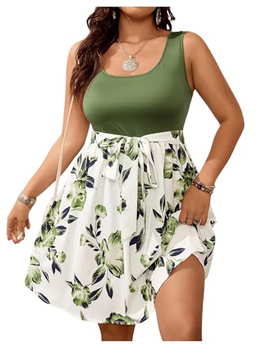 SOLY HUX Women's Plus Size Floral Tank Dress Sleeveless Square Neck A Line Flowy Belted Summer Short Dresses