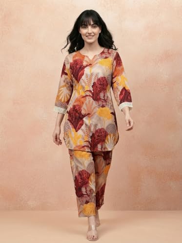 Image of Bee M Pee Designer Trendy Floral Printed Poly Rayon Cotton Kurta Coord Sets for Women | Stylish Casual Kurti Tunic Cord Set with Pant for Woman for Office