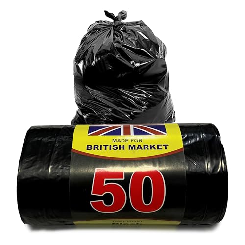 JeeJaan® 1 Roll of 50 Black Bin Bags - 80L Capacity Bin Bags Heavy Duty - Rubbish Bags Wastage Liners Trash Bags for Kitchen Office Diy Refuse Sacks Garden Bags Made from 100% Recycled Material