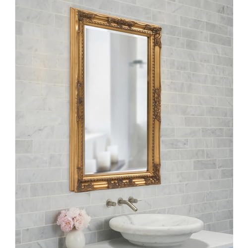 Image of Howard Elliott Queen Ann Rectangular Antique Golf Leaf Wall Mirror, Rectangle Hanging Wood Framed Vanity Mirrors for Home Decor, Living Room, Bathroom, Bedroom, or Hallway, 24 x 36 Inch