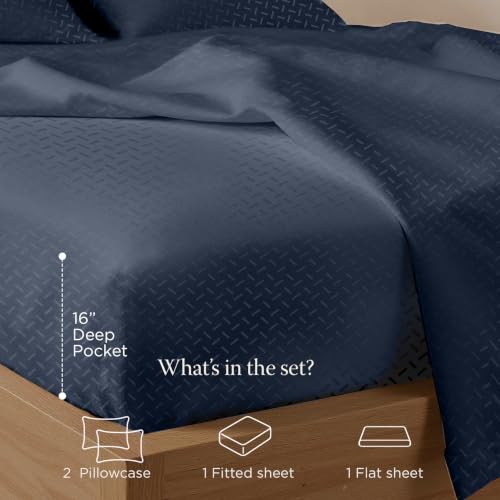 Image of Threadmill 300 Thread Count Cotton King Sheet Set, Sateen, Jacquard, Blue | 100% Cotton, Sateen Weave, Jacquard Pattern, 4-Piece Set, 16 inch Deep Pocket, Breathable, All-Season, Lightweight