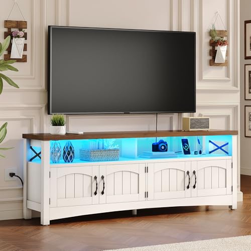 DWVO Farmhouse TV Stand for TV up to 65", Wood Entertainment Center with 2-Door Storage Cabinets, 21.6" Tall Television Stands w/LED Lights, Large Media Console Cabinet for Living Room (Rustic White)