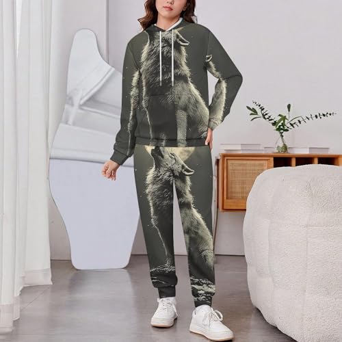 Boys Girls Sweatshirt Set 2 Piece Pullover Hoodie Kid Jogger Sweatpants, Howling Wolf Night Moon2