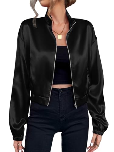 Verdusa Women's Bomber Satin Lightweight Jacket Drop Shoulder Long Sleeve Zip Up Outerwear