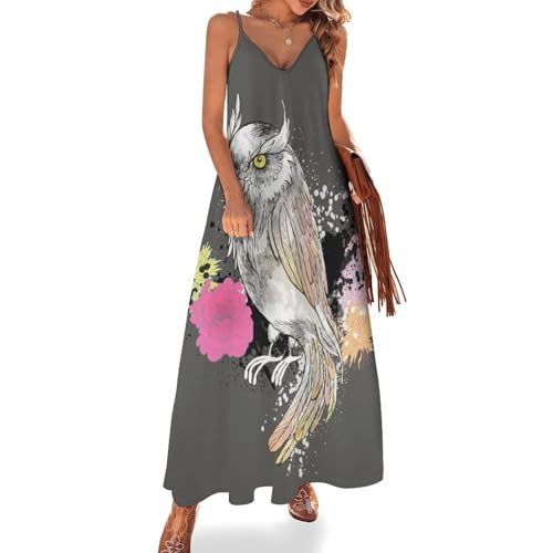 Robe femme été sans manches fleur hibou vêtement long anti-chaleur pour la plage