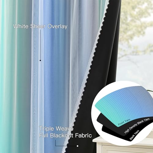 Image of XiDi Blakout Curtains with Sheer Overlay 84 Inches Long for Bedroom 2 Panels Double Layer Rainbow Curtains for Nursery Kid Room Thermal Insulated Room Darkening Grommet Drapes Blue Green Grey 52Wx84L