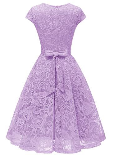 Muadress Women Cap-Sleeve Lace Floral Elegant Cocktail Dress Crew Neck Knee Length Bridesmaid Dresses For Party Lavender L #TOP1