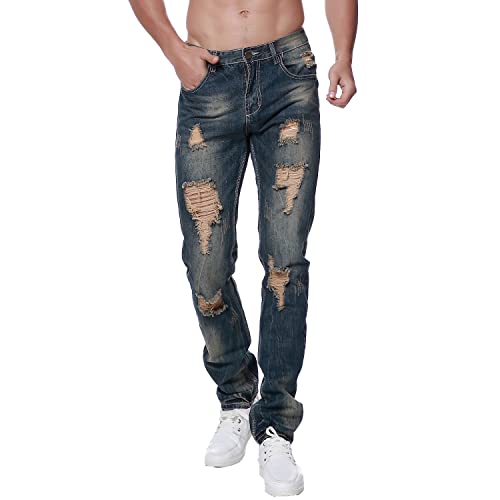 Previn Men's Distressed Denim Jeans Ripped Destroy Trousers Holes Freyed Slim Straight Pants3