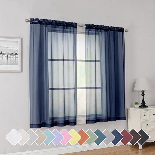 Image of Simplebrand Navy Short Sheer Curtains 45 Inch Length for Small Windows, Rod Pocket 2 Panels Set Solid Voile Drapes Window Sheer Curtains for Bedroom Bathroom Kids Room Kitchen, 42x45 Inch, Navy