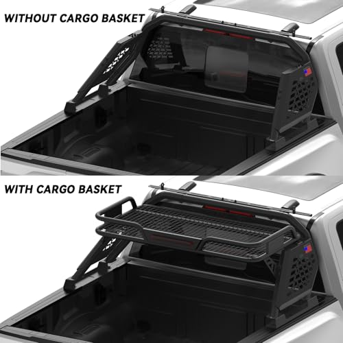 Image of Basket Roll Bar for Full-Size Trucks with Cargo Basket, Brake Light, Light Mount | Non-Drill Installation for F-150 /250 /350, Silverado Sierra Ram 1500 /2500 /3500, Tundra, Titan XD (Full-size Truck)