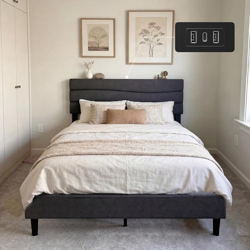 EnHomee Full Size Bed Frame, Upholstered Full Bed Frame with Charging Stations, Storage Headboard Adjustable, Bedroom, Apartment, Dorm, Noise-Free, No Box Springs Needed, Grey