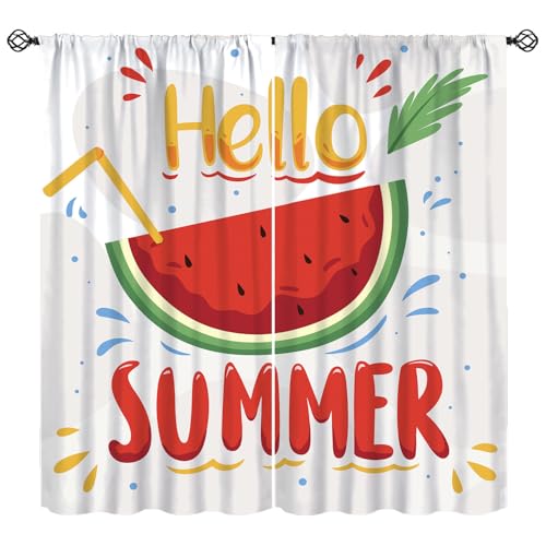 KANEPE Watermelon Fruit Curtains, Hello Summer Green Fruit Watermelon Window Treatments, Rod Pocket Thermal Insulated Drapes 2 Panel Sets for Bedroom Living Room Kitchen, 63