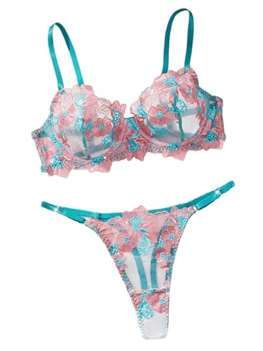 Image of Sexy Floral Embroidered Flower Mesh Underwire Push Up Lingerie Set