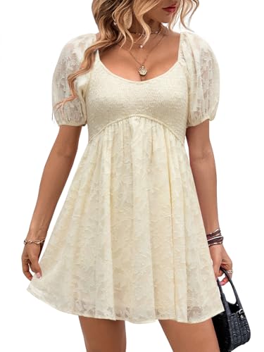 Image of Womens Babydoll Dress 2026 Summer Casual Puff Sleeve V Neck Cute Boho Smocked Flowy Short Sundress Beach Mini Dresses