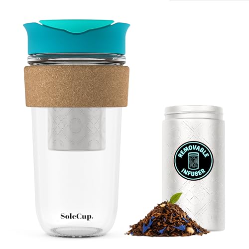 SoleCup. Large Travel Mug Loose Tea Infuser - Detachable Tea Strainer with Spill Proof Lid - 18oz/530ml BPA-Free Reusable Glass Travel Coffee Cup with Cork Band (Blue, 530ml / 18oz)
