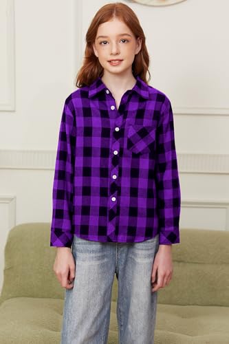 Image of SANGTREE Women and Girls Long Sleeve Flannel Casual Button Down Plaid Shirt
