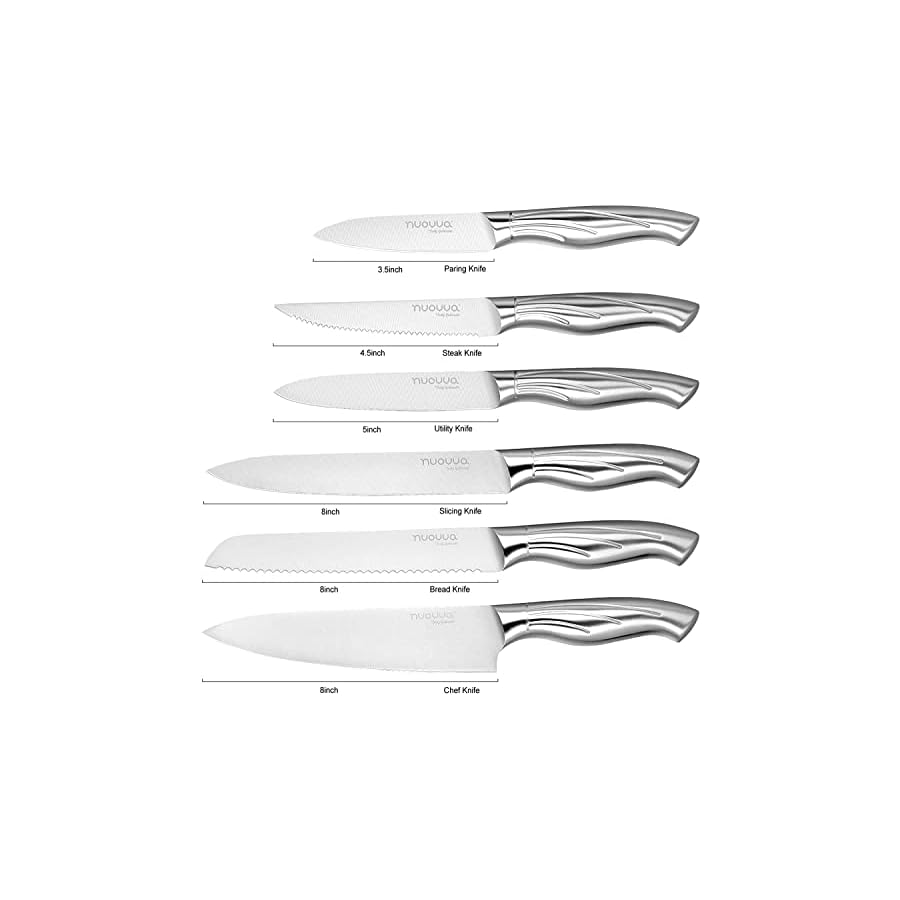 nuovva Kitchen Knife Block Set – 14-Piece Knife Set with Hardwood Block – Stainless Steel Blades – Hollow Knife Set for Chopping, Slicing, Dicing
