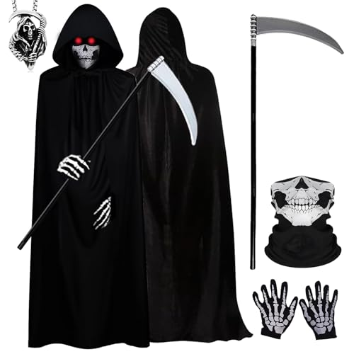 Tbczvx 5 Pcs Grim Reaper Costume Grim Reaper Cloak Halloween Costumes Black Cloak Hooded Cape Scythe Skeleton Gloves Skeleton Mask Necklace Set for Cosplay Outfits Party Dress for Women Men