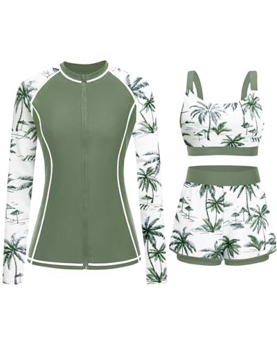 Green Palm Tree 3 Piece Rash Guard for Women - Long Sleeve Swimsuits with Shorts SPF Zip up Swim...