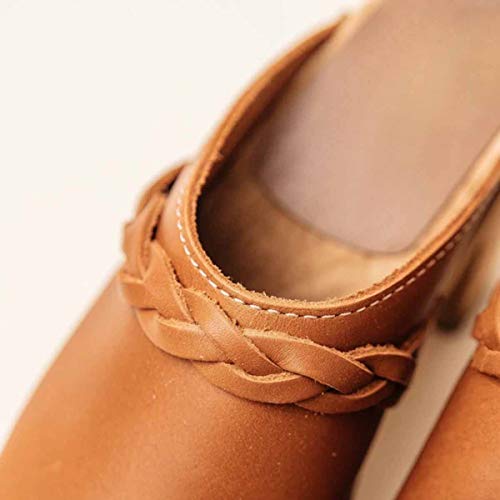 PiePieBuy Womens Clog Heeled Sandals Wooden Ankle Strap Buckle Mules Closed Toe Slingback Walking Shoes Brown - Thumbnail 2