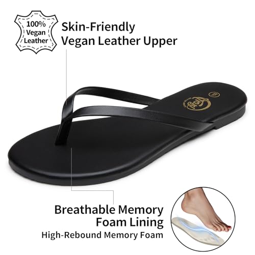 Trary Flip Flops for Women Round Toe Memory Foam Flats Summer Sandals for Women 2025 Vegan Leather Comfortable Womens Sandals Beach Essentials Slides2