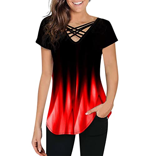 Oberteile Damen Elegant Kurzarm T-Shirt Sexy V-Ausschnitt Kreuz Bandgae...