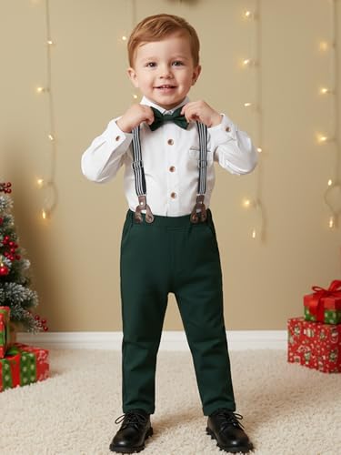 Image of Boarnseorl Baby Boys Pants Sets, Infant Long Sleeve Shirt + Pants + Bow Tie + Suspenders Outfits