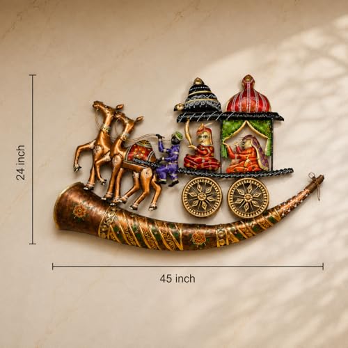 Image of iHandikart Traditional Rajasthani Metal Wall Art for Living Room | Handmade Royal Horse Cart Wall Sculpture with Musical Folk Design| Decorative Hanging Wall Decor for Home, Hall & Bedroom, 24*45 Inch